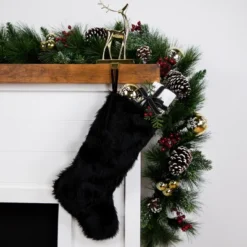 Northlight Sable Faux Fur Christmas Stocking With Pom Poms - 20.5" - Black