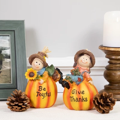 Northlight Set Of 2 Girl And Boy Scarecrows On Pumpkins Fall Figurines 6" 4 Northlight Set Of 2 Girl And Boy Scarecrows On Pumpkins Fall Figurines 6" - Image 2