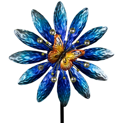 Northlight Blue Flower With Butterfly Outdoor Pinwheel Garden Stake - 4' 6 Northlight Blue Flower With Butterfly Outdoor Pinwheel Garden Stake - 4' - Image 4