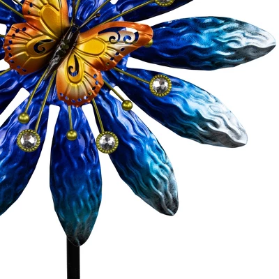 Northlight Blue Flower With Butterfly Outdoor Pinwheel Garden Stake - 4' 7 Northlight Blue Flower With Butterfly Outdoor Pinwheel Garden Stake - 4' - Image 5