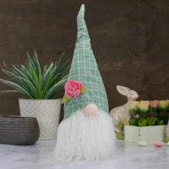 Northlight 20" Green And White Plaid Spring And Easter Gnome Head Table Top Decor