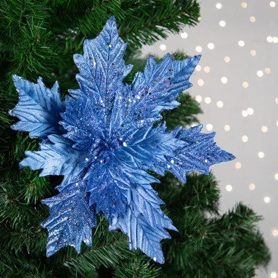 Northlight 24" Glittered Blue Poinsettia Christmas Stem Spray 3 Northlight 24" Glittered Blue Poinsettia Christmas Stem Spray
