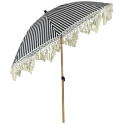 Northlight Striped Outdoor Macrame Boho Beach Market Umbrella With Tilt- 6.5' - Black And White -Home decor GUEST 7cb2b30e 9de7 4003 965e f6c99c7fd3e9