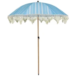 Northlight Striped Outdoor Macrame Boho Beach Market Umbrella With Tilt - 6.5' - Sky Blue And White -Home decor GUEST 8b00f355 e059 40cd a6d3 3cd0004be6c5