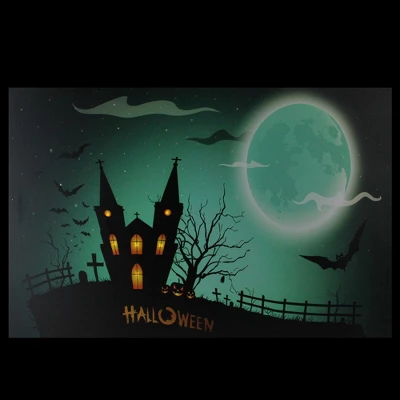 Northlight 23.5" Halloween Prelit LED Church In Cemetery Canvas Wall Art - Teal Blue/Black 4 Northlight 23.5" Halloween Prelit LED Church In Cemetery Canvas Wall Art - Teal Blue/Black - Image 2