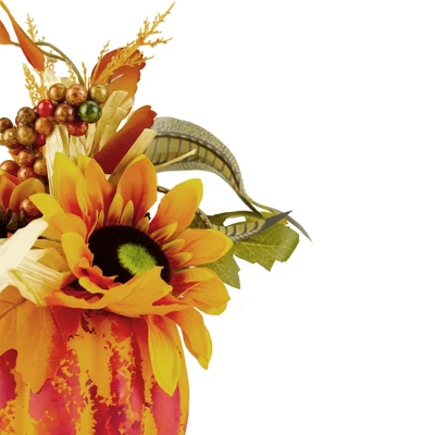 Northlight 12" Autumn Harvest Orange And Yellow Floral Pumpkin Decoration 4 Northlight 12" Autumn Harvest Orange And Yellow Floral Pumpkin Decoration - Image 2