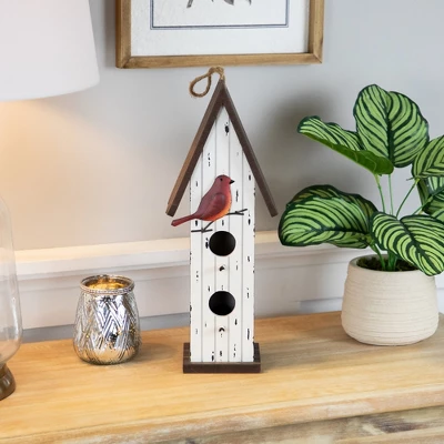 Northlight Wooden Birdhouse With Metal Bird Wall Decoration - 14.5" - Antique White 3 Northlight Wooden Birdhouse With Metal Bird Wall Decoration - 14.5" - Antique White