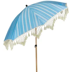 Northlight Striped Outdoor Macrame Boho Beach Market Umbrella With Tilt - 6.5' - Sky Blue And White -Home decor GUEST 9dc8d07b 74bd 41f0 95ce 0c63ec38f03a