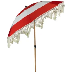 Northlight Striped Outdoor Macrame Boho Beach Market Umbrella With Tiltt- 6.5' - Red And White -Home decor GUEST ae33e361 2ac5 4a71 9131 d8e45232c7c9