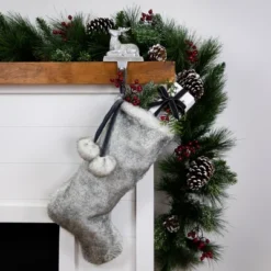 Northlight Silver Fox Faux Fur Christmas Stocking With Pom Poms - 20.5"