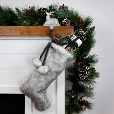 Northlight Silver Fox Faux Fur Christmas Stocking With Pom Poms - 20.5" 3 Northlight Silver Fox Faux Fur Christmas Stocking With Pom Poms - 20.5"
