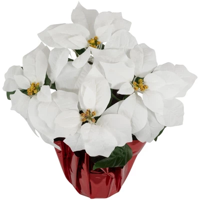 Northlight 14.5" White Artificial Christmas Poinsettia With Red Wrapped Base 5 Northlight 14.5" White Artificial Christmas Poinsettia With Red Wrapped Base - Image 3