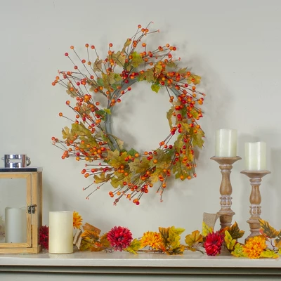 Northlight Orange Berries And Yellow Leaves Fall Harvest Artificial Wreath, 22" 3 Northlight Orange Berries And Yellow Leaves Fall Harvest Artificial Wreath, 22"
