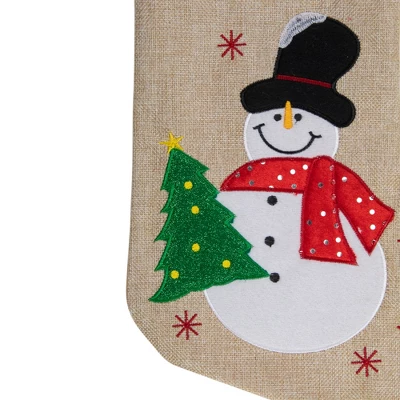 Northlight 19" Burlap Standing Snowman With A Tree And Snowflakes Christmas Stocking 4 Northlight 19" Burlap Standing Snowman With A Tree And Snowflakes Christmas Stocking - Image 2