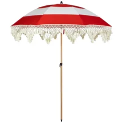 Northlight Striped Outdoor Macrame Boho Beach Market Umbrella With Tiltt- 6.5' - Red And White -Home decor GUEST e7b91248 f43f 405a 87a3 93e94a4da814