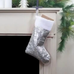 Northlight 19" White And Silver Sequin Christmas Stocking With White Faux Fur Cuff
