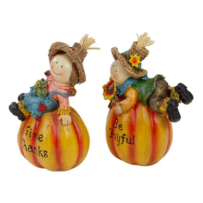 Northlight Set Of 2 Girl And Boy Scarecrows On Pumpkins Fall Figurines 6" 5 Northlight Set Of 2 Girl And Boy Scarecrows On Pumpkins Fall Figurines 6" - Image 3